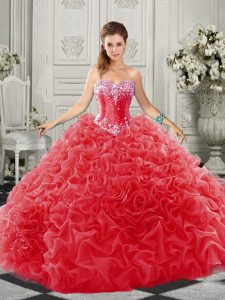 Organza Sweetheart Sleeveless Court Train Lace Up Beading and Ruffles Sweet 16 Dress in Red