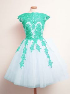 Traditional Scalloped Sleeveless Dama Dress for Quinceanera Mini Length Appliques Multi-color Tulle