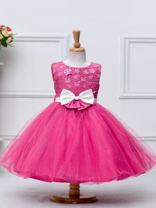 Perfect Hot Pink Ball Gowns Tulle Scoop Sleeveless Lace and Bowknot Knee Length Zipper Little Girls Pageant Gowns