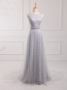 Romantic Empire Sleeveless Grey Bridesmaid Gown Brush Train Zipper