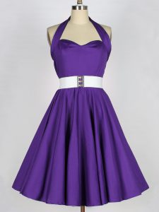 Fitting Purple A-line Ruching Bridesmaids Dress Zipper Taffeta Sleeveless Knee Length