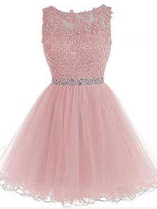 Custom Made Pink A-line Beading and Lace and Appliques Zipper Organza Sleeveless Mini Length