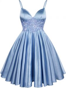Fine Knee Length Light Blue Bridesmaid Dress Spaghetti Straps Sleeveless Lace Up