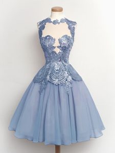 Fashion Light Blue Lace Up High-neck Lace Bridesmaid Dresses Chiffon Sleeveless