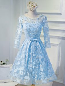 Long Sleeves Organza Mini Length Lace Up Cocktail Dresses in Light Blue with Beading and Appliques