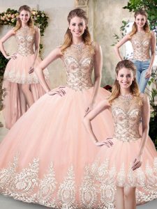 Peach High-neck Neckline Beading and Lace and Appliques Quinceanera Gown Sleeveless Backless