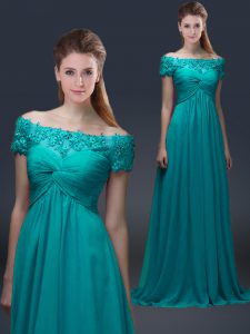 Teal Empire Chiffon Off The Shoulder Short Sleeves Appliques Floor Length Lace Up Mother of Groom Dress
