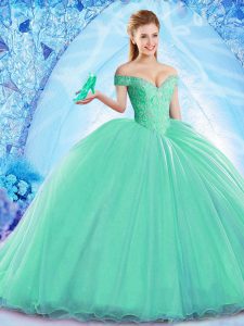 Cute Brush Train Ball Gowns Sweet 16 Quinceanera Dress Turquoise Off The Shoulder Organza Sleeveless Lace Up