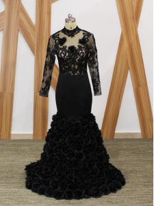 Fabric With Rolling Flowers High-neck Long Sleeves Brush Train Backless Beading and Lace and Appliques and Hand Made Flower Mother of Bride Dresses in Black