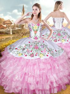 Sleeveless Floor Length Embroidery and Ruffled Layers Lace Up Quince Ball Gowns with Rose Pink