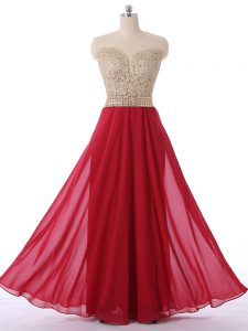 Beading Prom Dress Red Zipper Sleeveless Floor Length