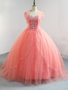 Romantic Ball Gowns Vestidos de Quinceanera Watermelon Red V-neck Tulle Sleeveless Floor Length Lace Up