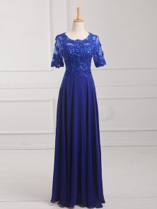Free and Easy Half Sleeves Chiffon Floor Length Zipper Mother Dresses in Royal Blue with Lace and Appliques