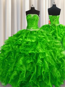 Traditional Green Strapless Lace Up Beading and Ruffles Sweet 16 Dresses Sleeveless