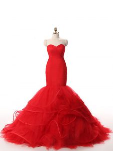 Adorable Red Zipper Sweetheart Ruffles Evening Outfits Tulle Sleeveless Brush Train