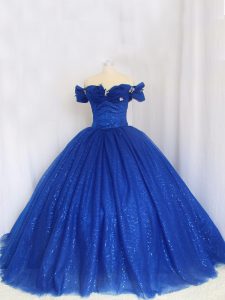 Deluxe Cap Sleeves Floor Length Hand Made Flower Lace Up 15 Quinceanera Dress with Royal Blue