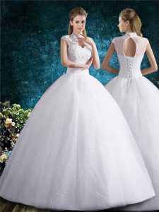 White Ball Gowns Tulle High-neck Sleeveless Beading and Embroidery Floor Length Lace Up Wedding Dresses