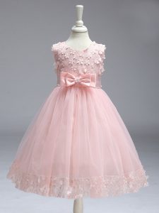 Baby Pink A-line Scoop Sleeveless Tulle Knee Length Zipper Lace and Bowknot Little Girl Pageant Dress