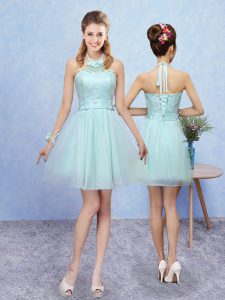 Aqua Blue A-line Halter Top Sleeveless Tulle Mini Length Lace Up Lace Quinceanera Court Dresses