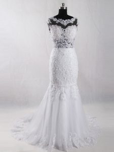 Affordable White Side Zipper Bridal Gown Lace Sleeveless Court Train