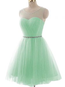 Mini Length Apple Green Prom Dresses Tulle Sleeveless Beading and Ruching