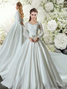 Exquisite White A-line V-neck Long Sleeves Taffeta Chapel Train Lace Up Lace and Belt Wedding Dress