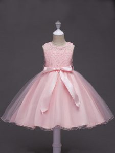 Baby Pink Ball Gowns Tulle Scoop Sleeveless Lace and Belt Knee Length Zipper Kids Pageant Dress