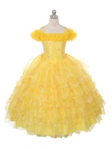 Discount Organza Off The Shoulder Sleeveless Lace Up Ruffles and Ruffled Layers Girls Pageant Dresses in Yellow