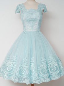 Modern Tulle Square Cap Sleeves Zipper Lace Dama Dress for Quinceanera in Aqua Blue
