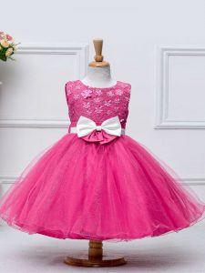Tulle Sleeveless Knee Length Toddler Flower Girl Dress and Lace and Bowknot