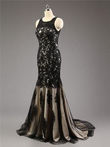 Luxury Mermaid Sleeveless Black Prom Gown Brush Train Zipper