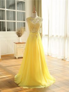 Sleeveless Chiffon Floor Length Zipper Formal Evening Gowns in Yellow with Lace and Appliques