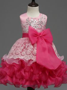 Flirting Tea Length Hot Pink Flower Girl Dress Organza Sleeveless Lace and Ruffled Layers and Bowknot