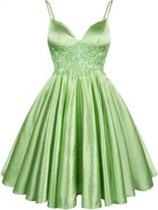 Custom Made A-line Bridesmaids Dress Green Spaghetti Straps Elastic Woven Satin Sleeveless Knee Length Lace Up
