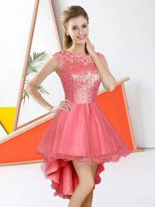 Bateau Sleeveless Wedding Party Dress High Low Beading and Lace Watermelon Red Organza