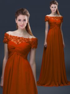 Rust Red Chiffon Lace Up Off The Shoulder Short Sleeves Floor Length Mother of Groom Dress Appliques