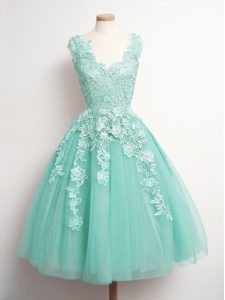 Classical Aqua Blue Sleeveless Tulle Lace Up Bridesmaids Dress for Prom and Party and Wedding Party
