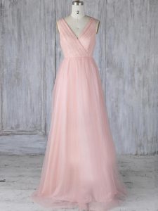 Super Baby Pink Zipper Bridesmaid Dresses Lace Sleeveless Floor Length