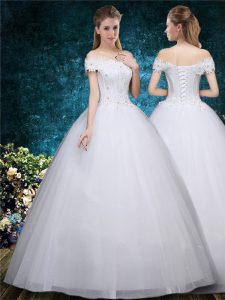 Organza Cap Sleeves Floor Length Wedding Dress and Beading and Appliques