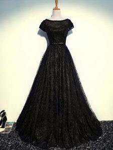 Custom Design Beading and Lace and Belt Mother of Bride Dresses Black Zipper Short Sleeves Floor Length