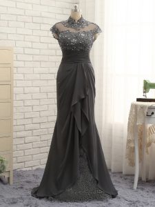 Most Popular Black High-neck Neckline Lace and Ruching Mother of Bride Dresses Cap Sleeves Zipper