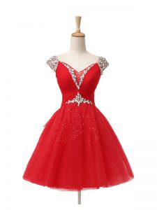 Nice Mini Length Lace Up Cocktail Dress Red for Prom and Party and Sweet 16 with Beading and Sequins