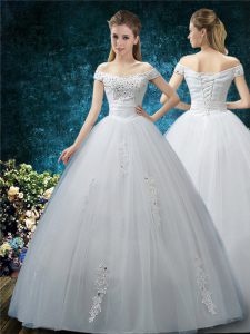 Flare Floor Length Ball Gowns Cap Sleeves White Wedding Dress Lace Up