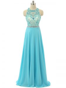 New Style Floor Length Empire Sleeveless Aqua Blue Prom Dress Zipper