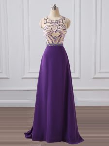 Purple Dress for Prom Prom and Military Ball and Sweet 16 with Beading Scoop Sleeveless Brush Train Zipper