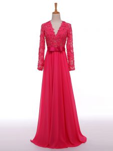 Sophisticated Hot Pink Zipper Mother of Groom Dress Lace and Appliques and Belt Long Sleeves Floor Length
