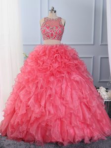 Admirable Floor Length Hot Pink 15th Birthday Dress Organza Sleeveless Beading and Ruffles