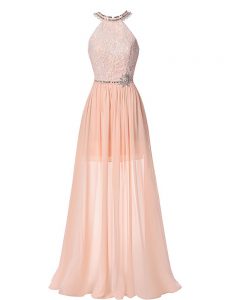Hot Sale Halter Top Sleeveless Formal Evening Gowns Floor Length Beading Peach Chiffon
