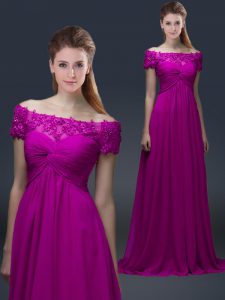 Fashion Fuchsia Empire Appliques Mother of Groom Dress Lace Up Chiffon Short Sleeves Floor Length