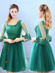 Green 3 4 Length Sleeve Knee Length Lace and Appliques Lace Up Quinceanera Court Dresses